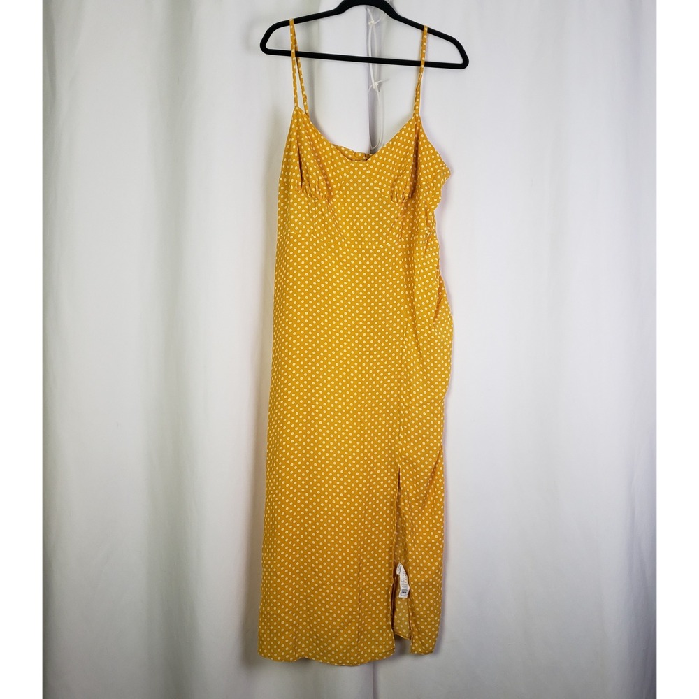ASOS DESIGN Mustard Yellow Polka Dot Midi Dress Size 14 Sweetheart Neckline Slit